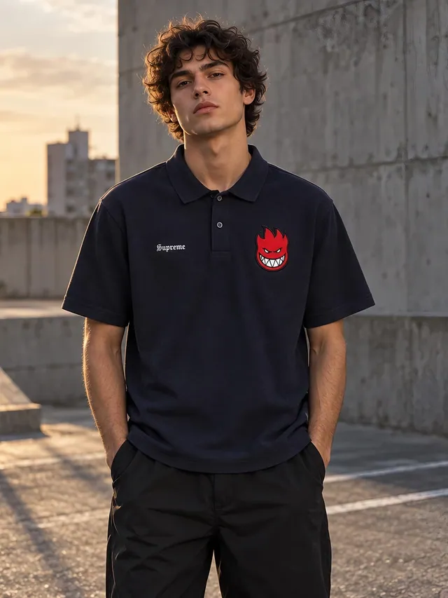 Supreme — Polo Supreme porté au coucher du soleil sur un toit en béton.