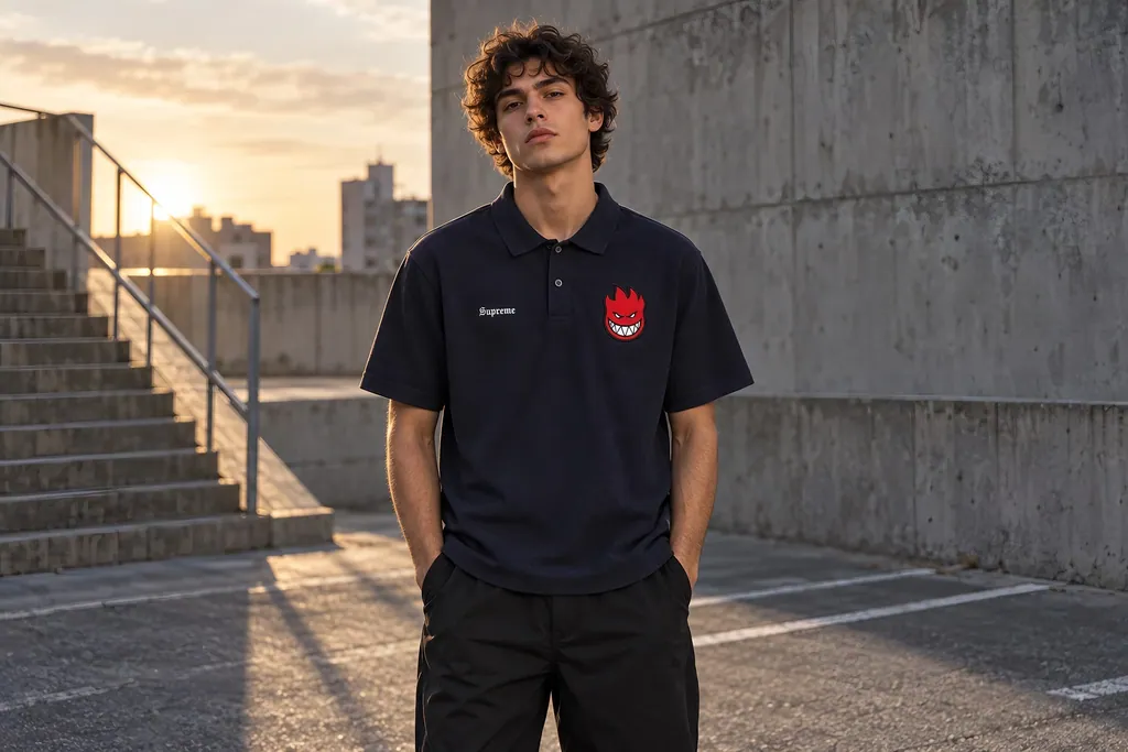 Polo Supreme porté au coucher du soleil sur un toit en béton.
