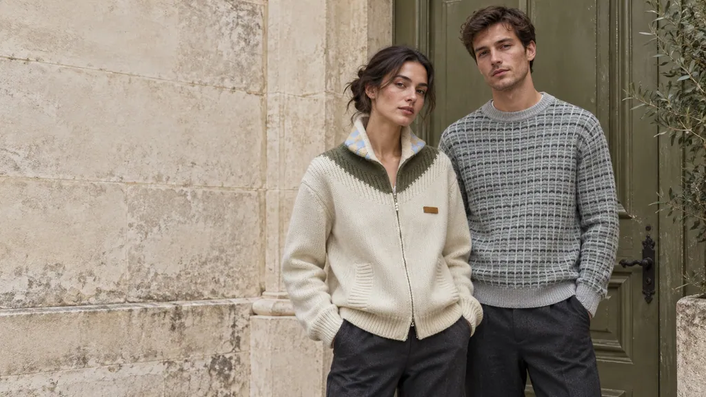 Deux silhouettes en mailles Louis Vuitton écrue et olive, grise et verte, dans une cour parisienne.