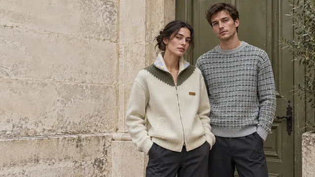 Deux silhouettes en mailles Louis Vuitton écrue et olive, grise et verte, dans une cour parisienne.