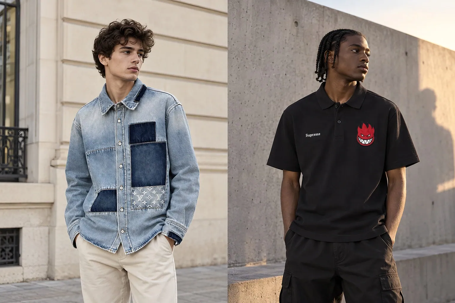 Diptyque : chemise en denim Louis Vuitton portée devant une façade claire, polo Supreme noir porté devant un mur de béton.