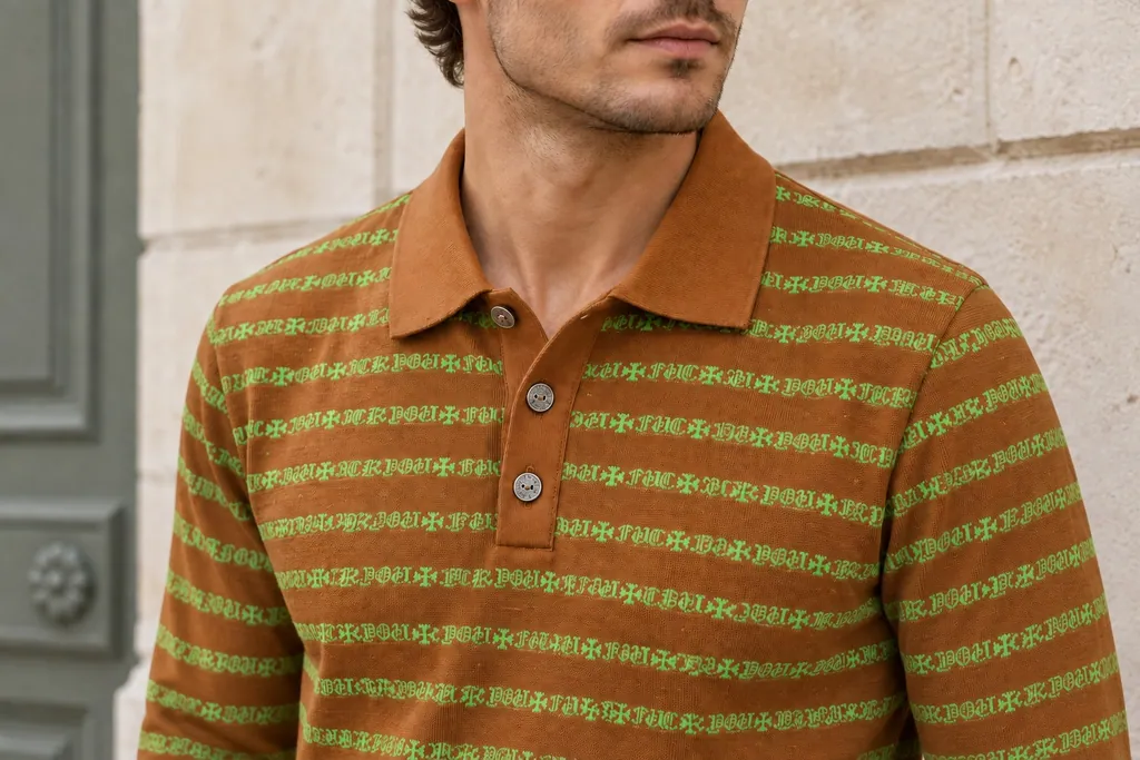 Polo marron à manches longues, motifs verts et boutons argentés, porté dans une rue parisienne.
