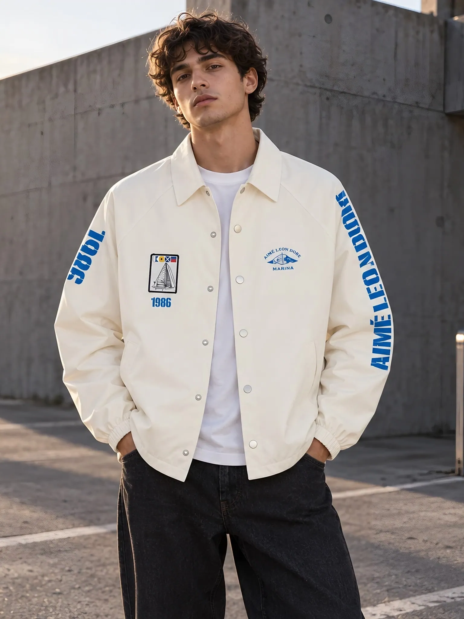 Aimé Leon Dore Jacke mit Aufschrift MARINA cremeweiß und blau
