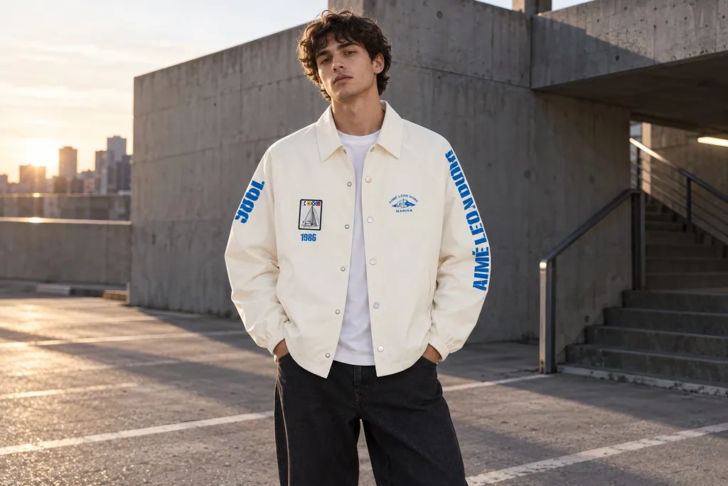 Veste Aimé Leon Dore à inscription MARINA blanc cassé et bleue