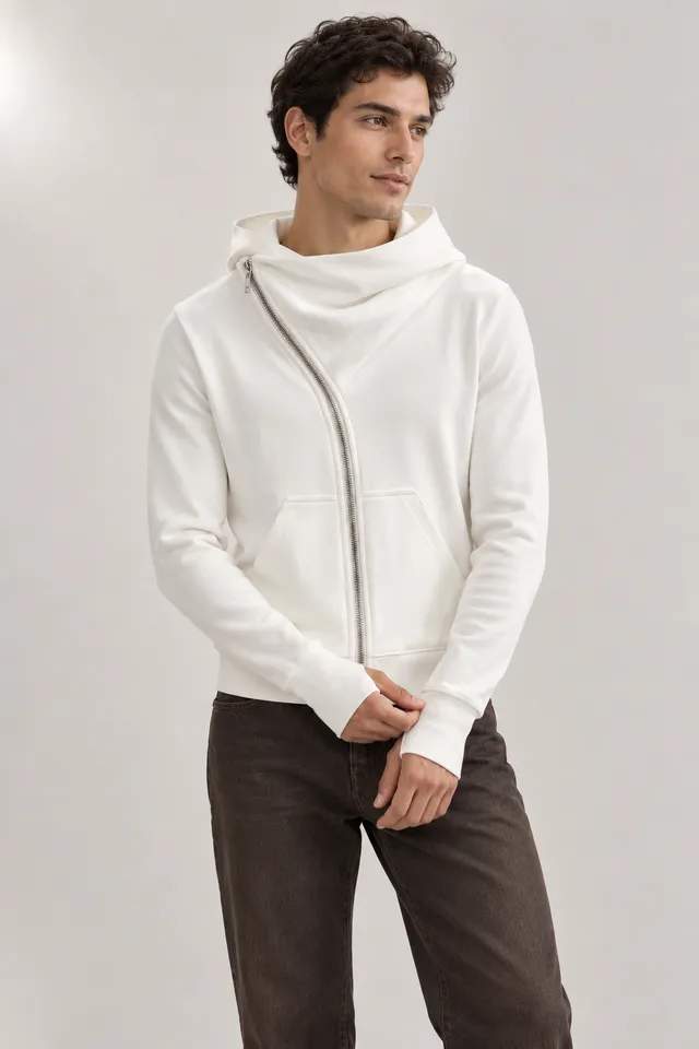 Sweat zippé à capuche Rick Owens blanc cassé, Porté de face