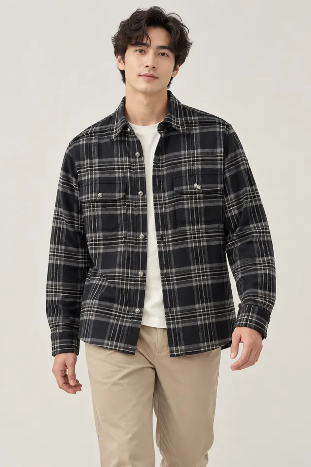 Chemise Chrome Hearts à carreaux noirs et gris, Porté de face