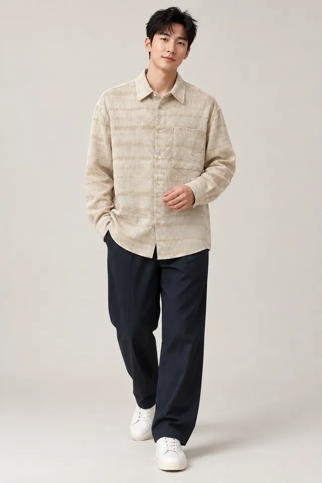 Chemise Loewe à manches longues beige à rayures, Porté de face
