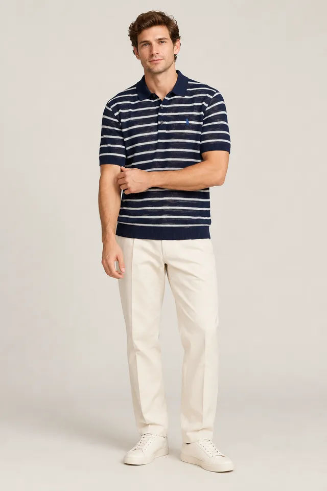Polo Ralph Lauren en maille rayée bleu marine et blanc, Porté de face