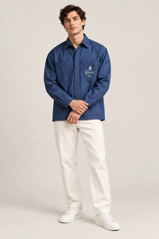 Chemise Gucci bleue à poches poitrine, Porté de face