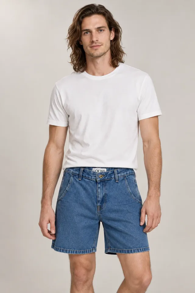 Short Loewe jaune et bleu, Porté de face