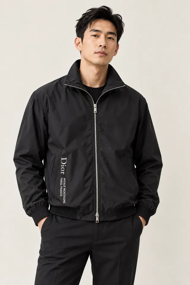 Veste zippée Dior noire à inscription verticale, Porté de face