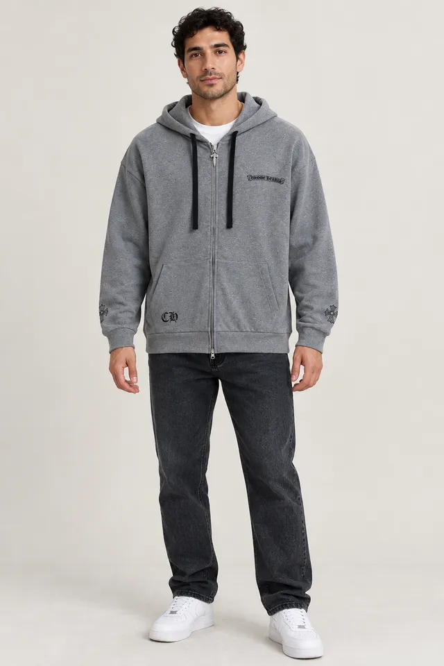 Sweat zippé à capuche Chrome Hearts gris et noir, Porté de face