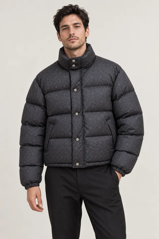 Doudoune Chrome Hearts noire à motif floral ton sur ton, Porté de face