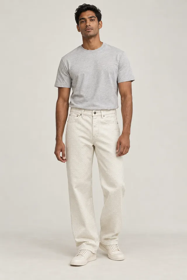 Pantalon Louis Vuitton blanc cassé à monogrammes ton sur ton, Porté de face