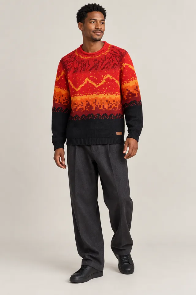 Pull en maille Louis Vuitton à monogramme rouge et jaune, Porté de face