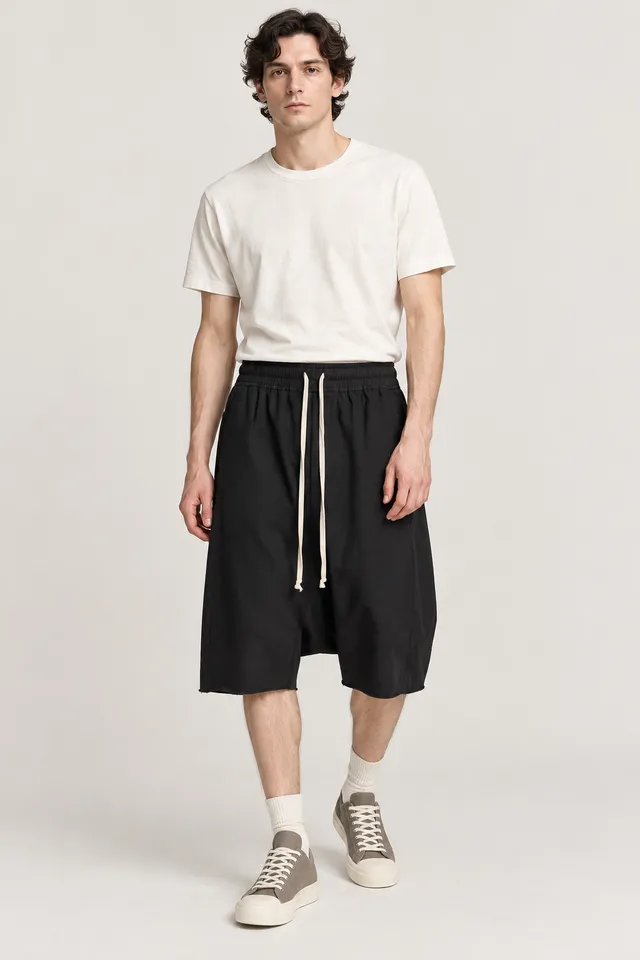 Short long Rick Owens noir à cordons, Porté de face