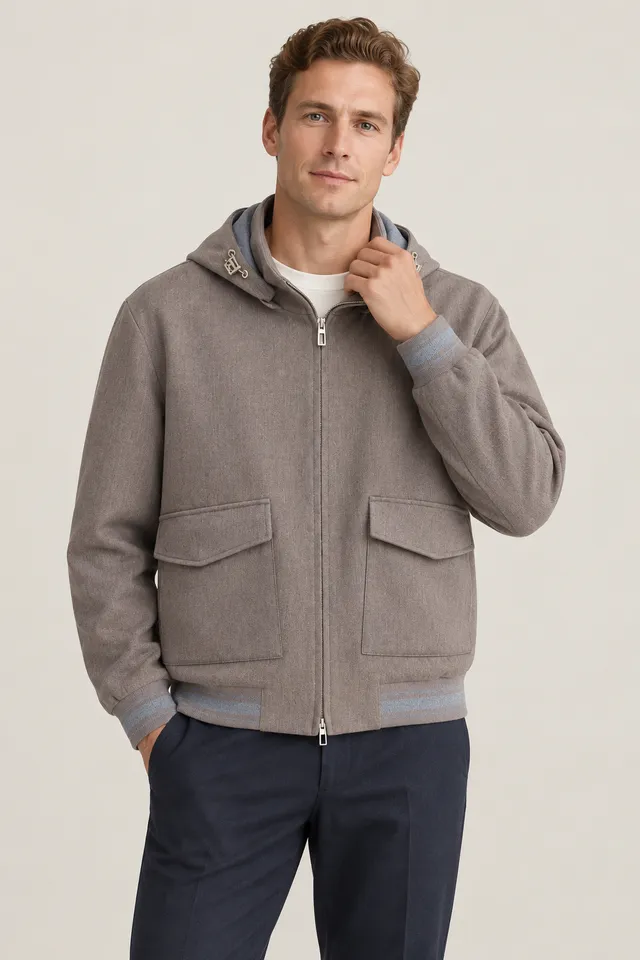 Veste à capuche Loro Piana gris taupe à finitions bleu-gris, Porté de face