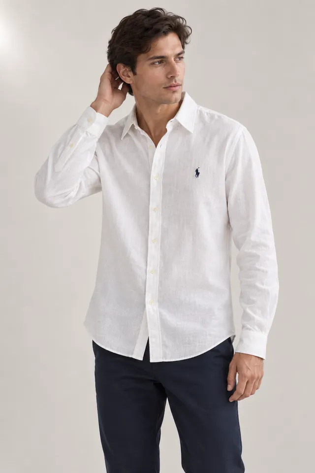 Chemise Ralph Lauren à inscription POLO blanche et beige, Porté de face