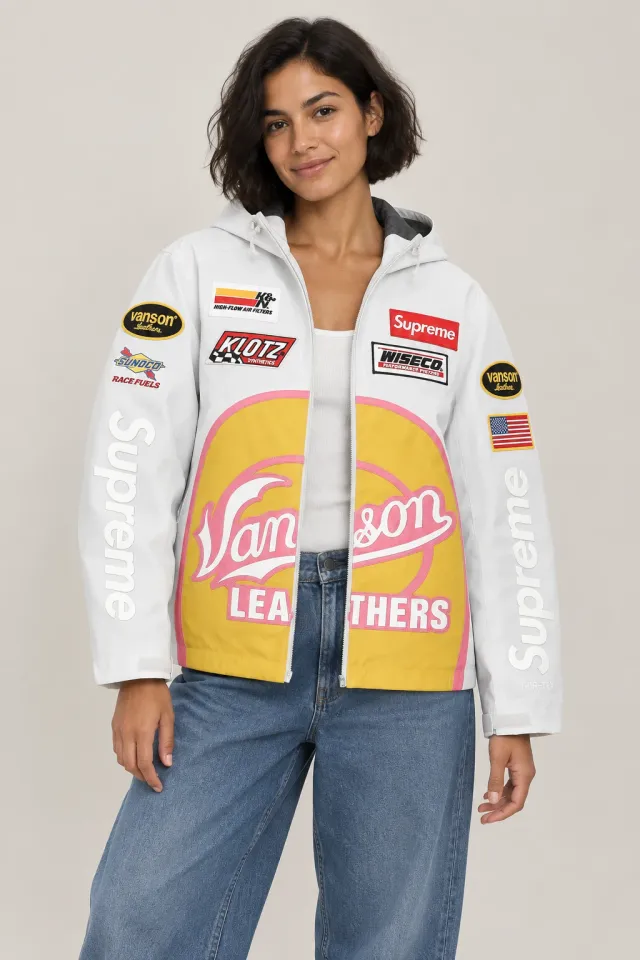 Veste Supreme à inscription Vanson Leathers, Porté de face