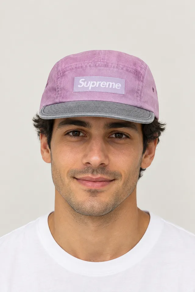 Casquette Supreme Camp grise et bleue, Porté de face