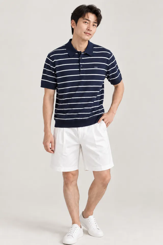 Polo Prada à inscription QUE EN ITALIE blanc et bleu, Porté de face