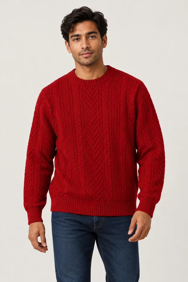 Pull en maille rouge, Porté de face