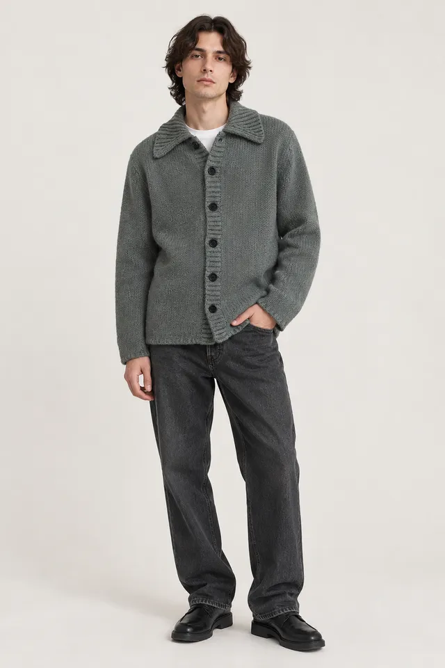 Cardigan Our Legacy Big Cardigan gris-vert chiné, Porté de face