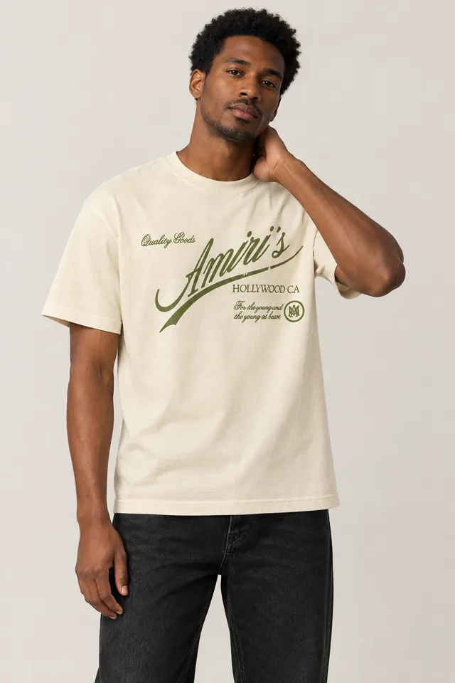 T-shirt Amiri's Quality Goods crème à imprimé vert, Porté de face
