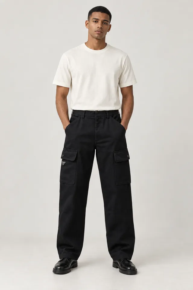 Pantalon Prada Wide-Leg noir, Porté de face