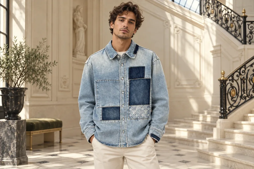 Chemise Louis Vuitton à monogramme bleue porté dans un hall haussmannien clair