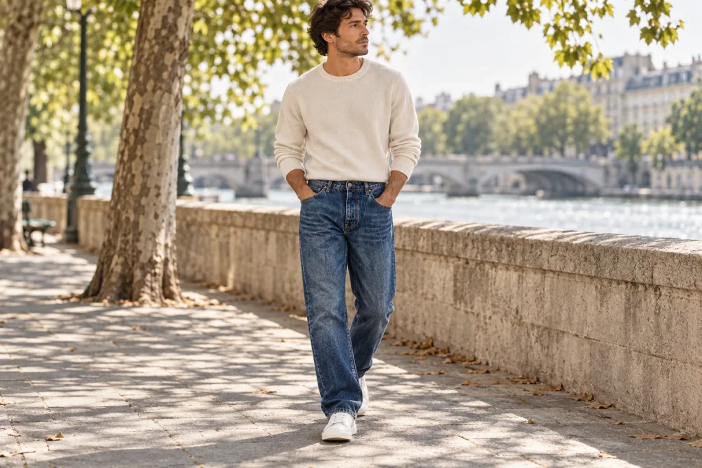 Jean Louis Vuitton à monogramme bleu et marron porté sur un quai de Seine