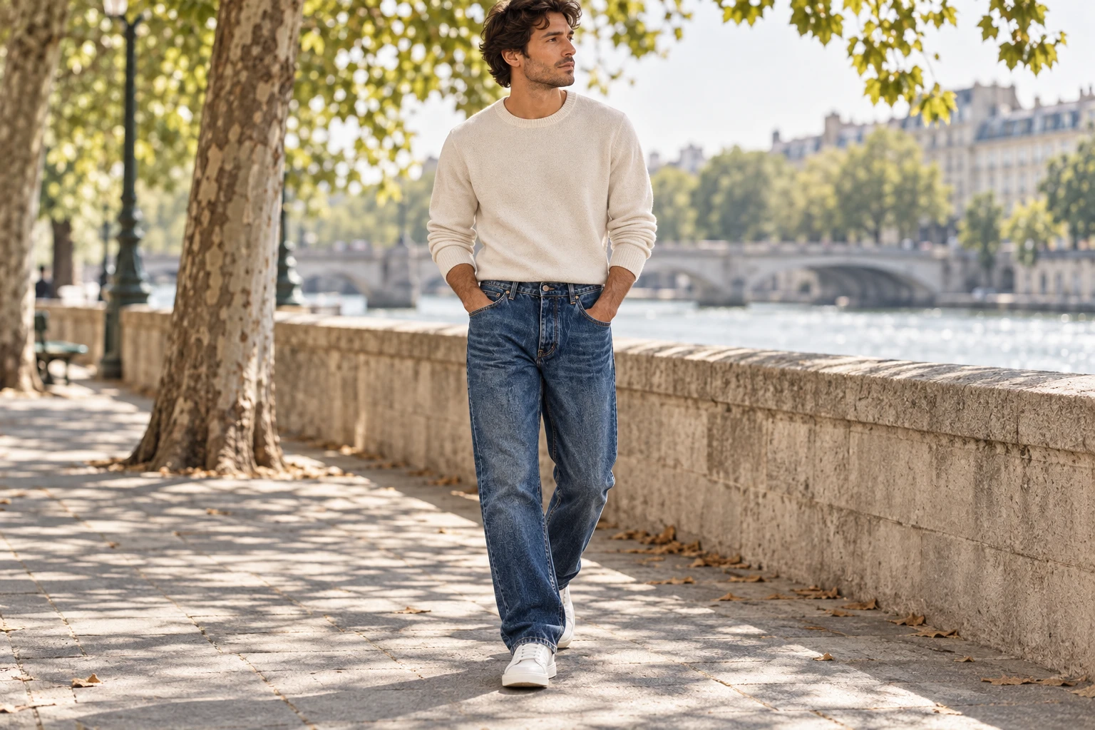 Jean Louis Vuitton à monogramme bleu et marron porté sur un quai de Seine