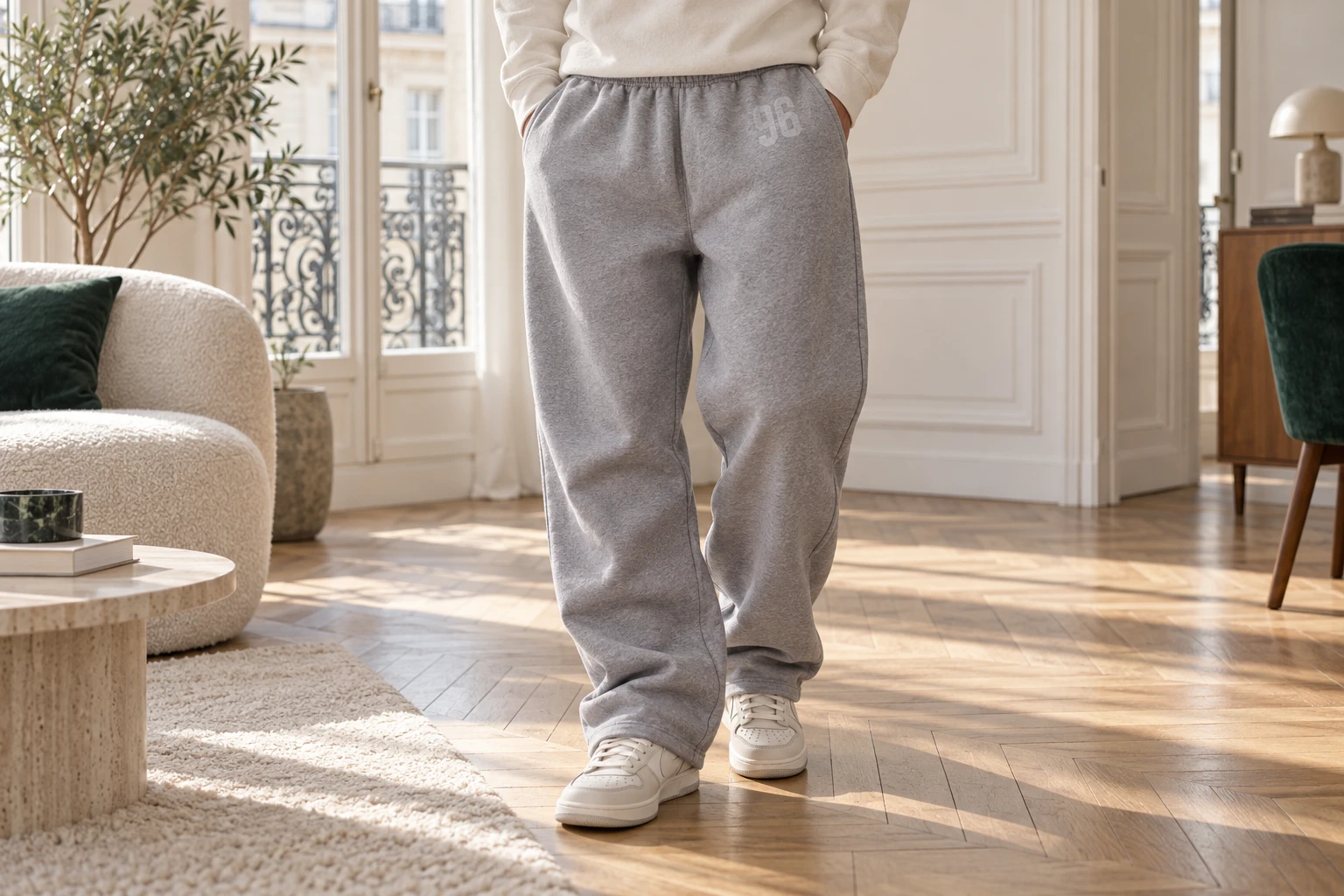 Pantalon Acne Studios à inscription AB gris et blanc porté dans un appartement parisien lumineux