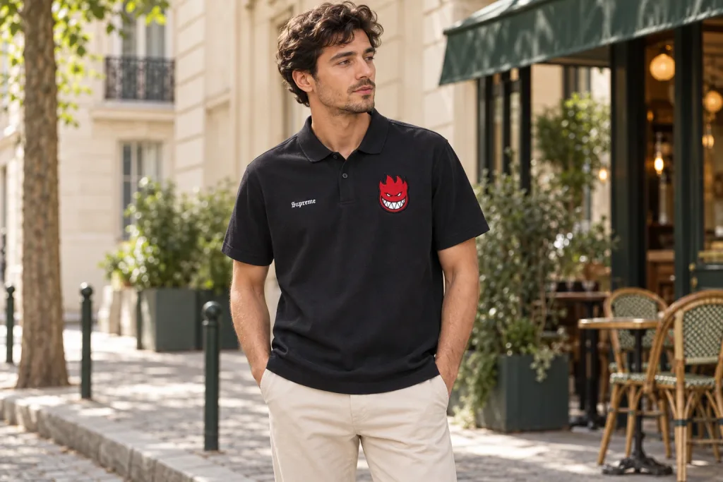 Polo Supreme motif bouche dentée porté dans une rue parisienne de quartier