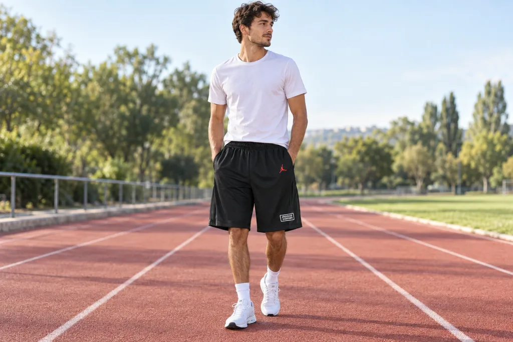 Short Supreme noir porté sur une piste d’athlétisme