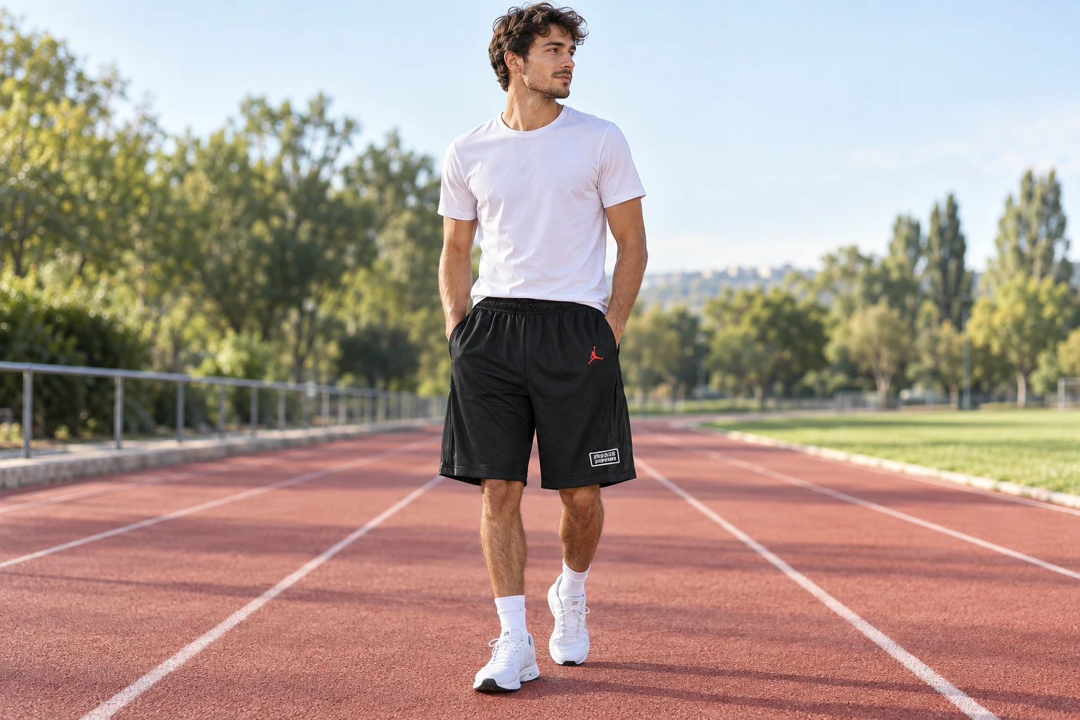 Short Supreme noir porté sur une piste d’athlétisme
