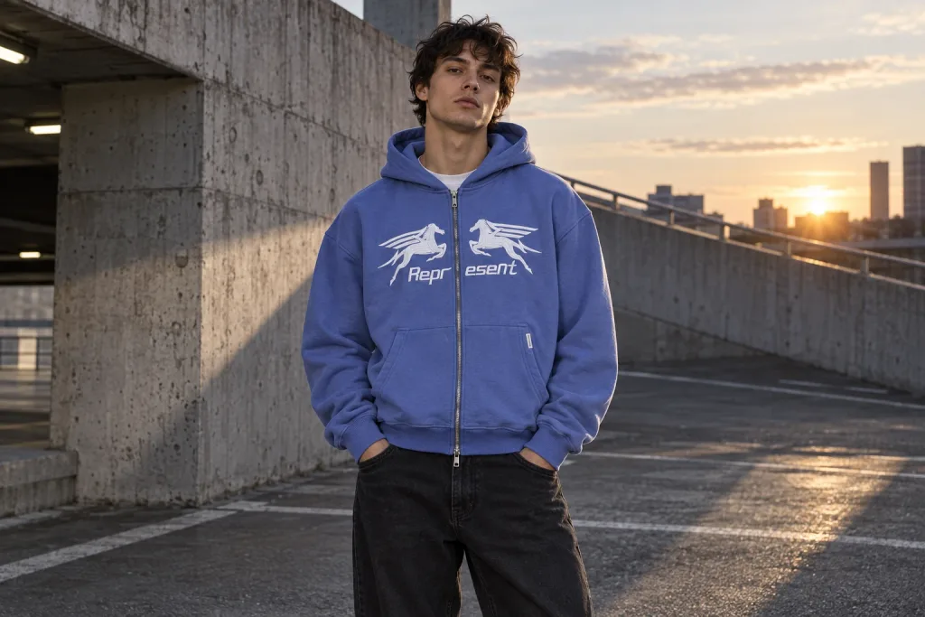 Sweat zippé à capuche Represent bleu porté devant un parking en béton, en fin de journée