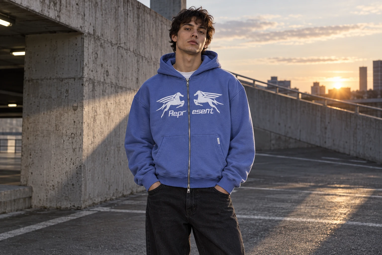Sweat zippé à capuche Represent bleu porté devant un parking en béton, en fin de journée