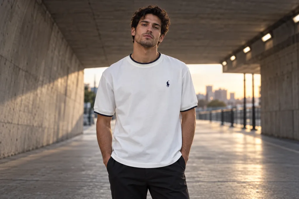 T-shirt Ralph Lauren à inscription POLO blanc et beige porté dans un passage en béton, en fin de journée