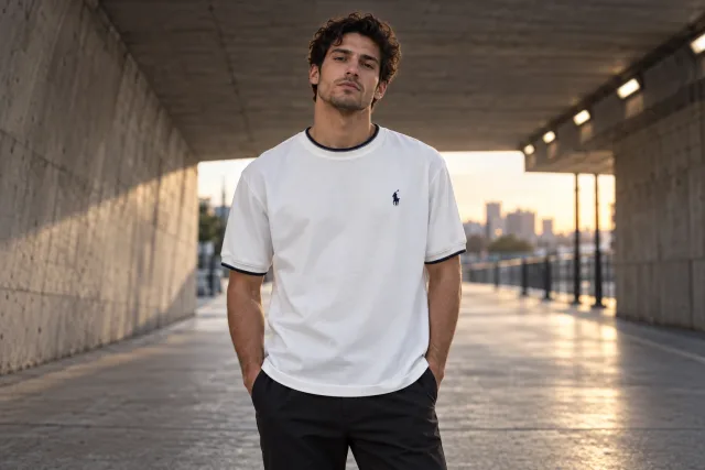 T-shirts — T-shirt Ralph Lauren à inscription POLO blanc et beige porté dans un passage en béton, en fin de journée