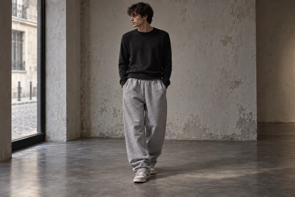 Pantalon Acne Studios à inscription AB gris et blanc porté dans une galerie du Marais