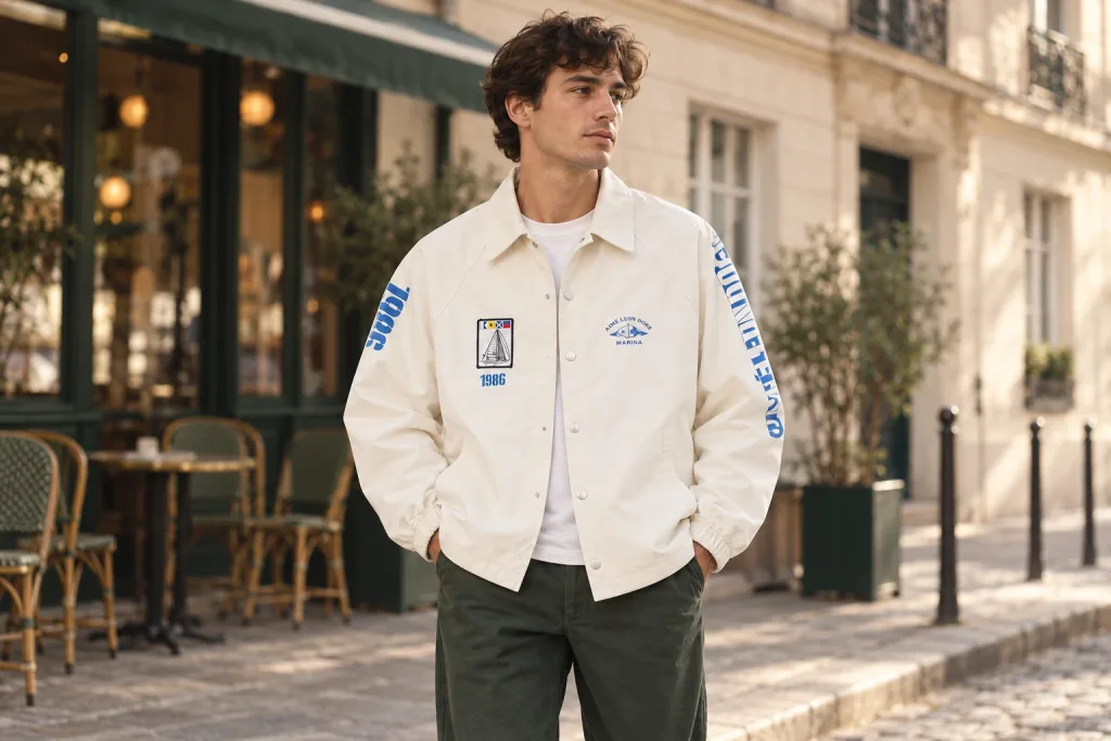Veste Aimé Leon Dore à inscription MARINA blanc cassé et bleue porté dans une rue parisienne de quartier