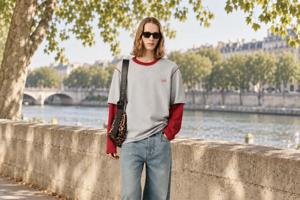 Sweat à manches courtes AMI Paris double sleeves gris et rouge porté sur un quai de Seine