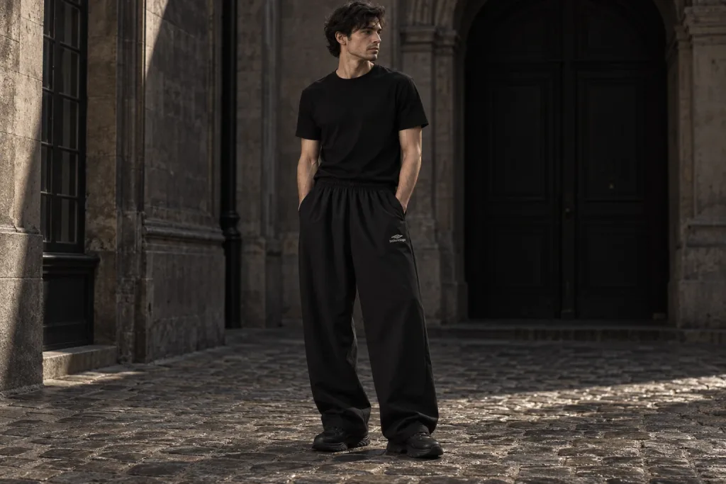 Pantalon Balenciaga 3b Sports Icon noir porté dans une cour intérieure parisienne en pierre patinée