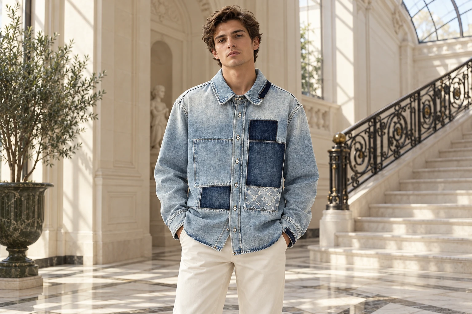 Chemise Louis Vuitton à monogramme bleue porté dans un hall haussmannien clair