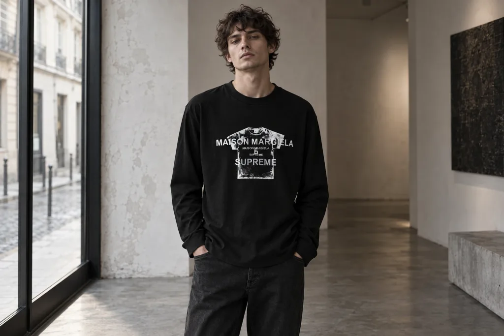 T-shirt à manches longues Maison Margiela porté dans une galerie du Marais