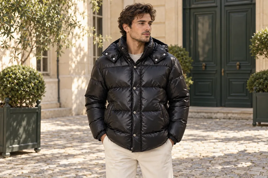 Veste Moncler Bucket Hat noire et beige porté dans une cour pavée