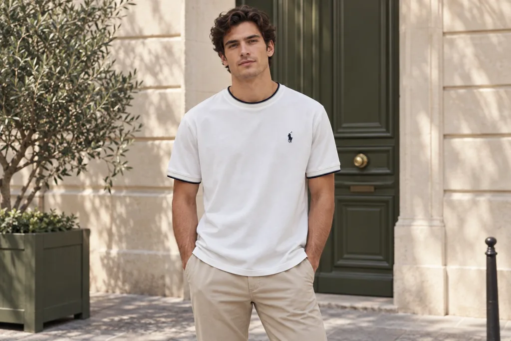 T-shirt Ralph Lauren à inscription POLO blanc et beige porté devant une façade en pierre claire