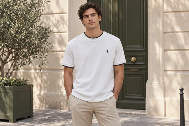 Ralph Lauren — T-shirt Ralph Lauren à inscription POLO blanc et beige porté devant une façade en pierre claire