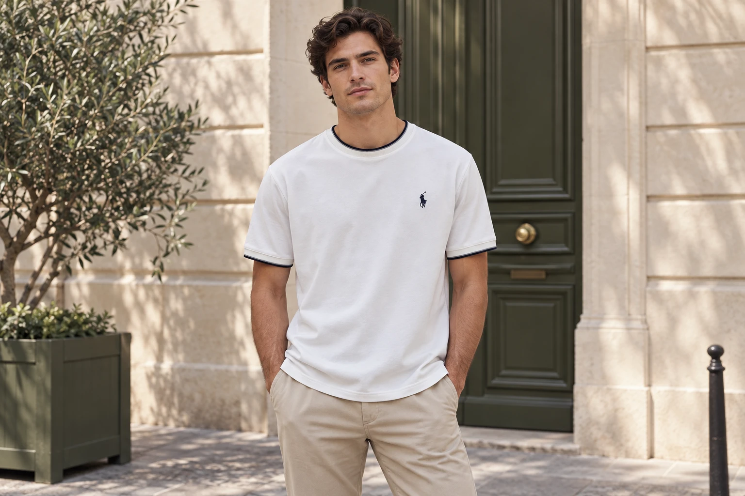 T-shirt Ralph Lauren à inscription POLO blanc et beige porté devant une façade en pierre claire